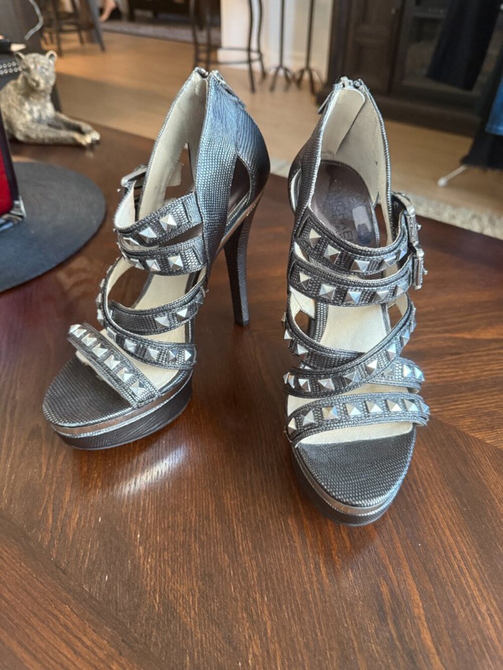 MICHAEL Michael Kors Aria Rock Cage Silver Metallic Studded Heels | 8.5 NEW